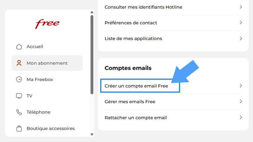 Menu de création de comptes emails dans l'espace client Freebox