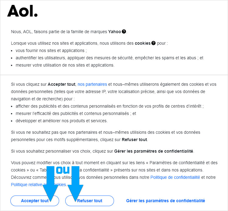 Accepter ou refuser les cookies optionnels chez AOL mail