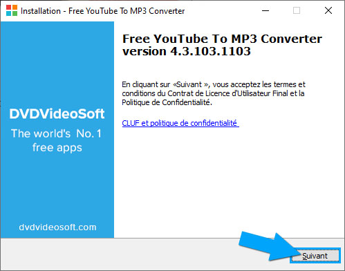 Accepter les termes pendant l'installation de Free YouTube to MP3 Converter
