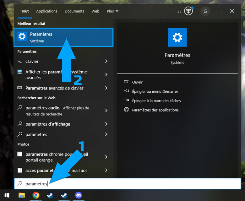 Chemin d'accès aux paramètres de Windows 10 à partir du menu démarrer