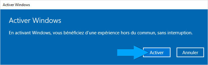 Fenêtre de confirmation d'activation de Windows