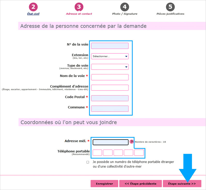 Remplir votre adresse et votre contact pour la procédure de fabrication du permis