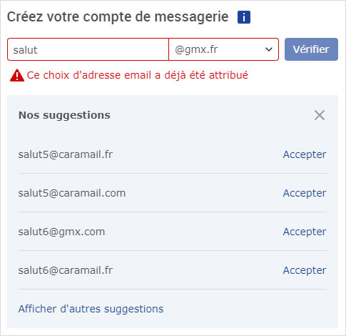 Adresse e-mail déjà attribuée et suggestions chez GMX