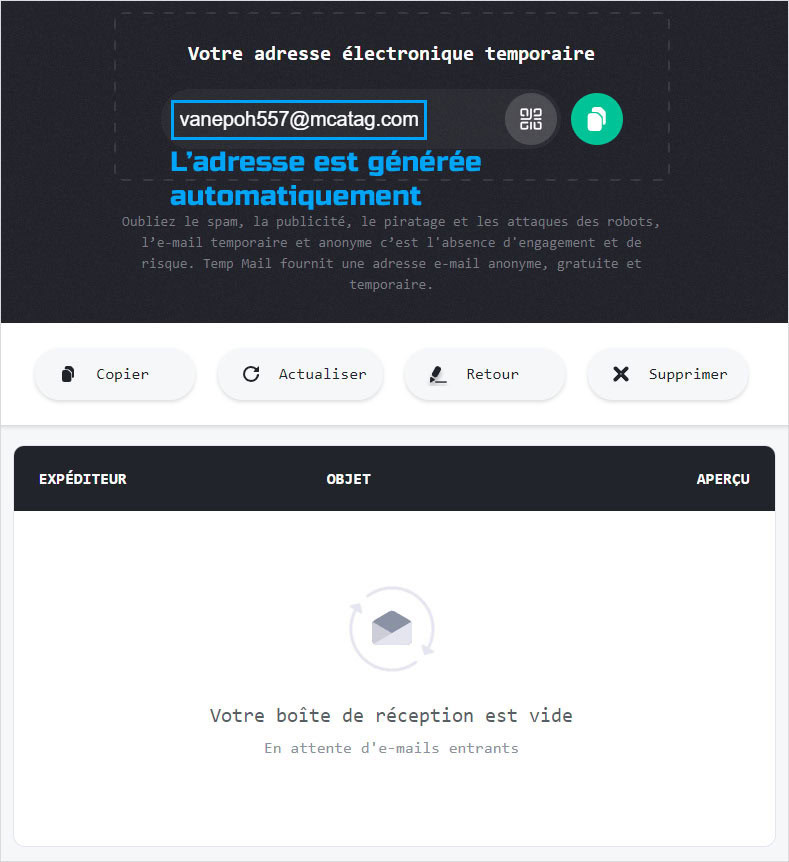 Adresse mail jetable générée sur Temp-mail
