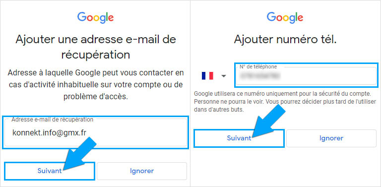 Configurer une adresse de récupération ainsi qu'un numéro de téléphone lors de l'inscription à Gmail 