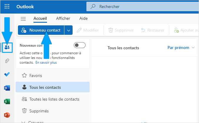 Ajouter un nouveau contact sur Outlook