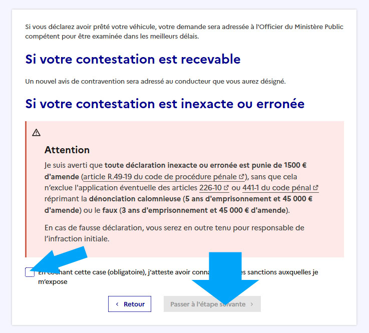 Fenêtre avec message d'avertissement en cas de fausse déclaration