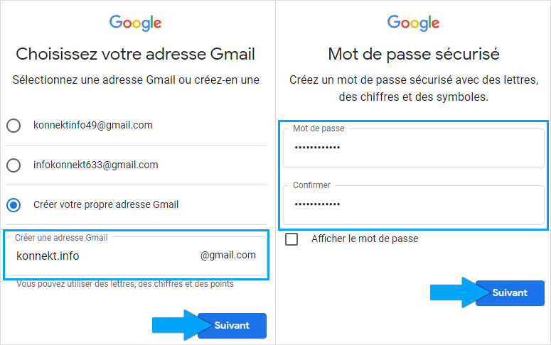 Choix de l'adresse et du mot de passe lors de la création d'une boîte Gmail