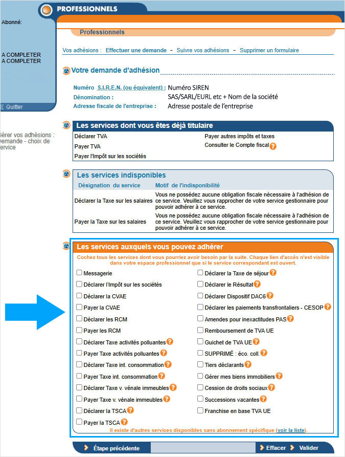 Choix des services en ligne à adhérer sur le site des impôts
