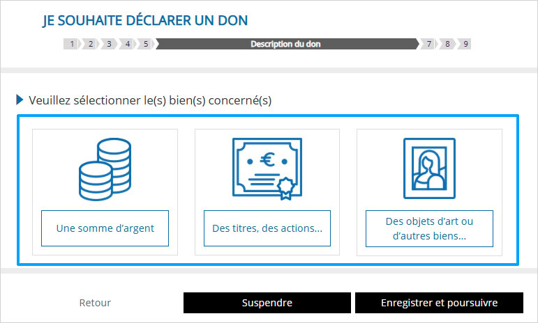Choisir parmi trois catégories de dons, entre argent liquide ou virement, actions ou autres titres, objets d'art, or, etc.