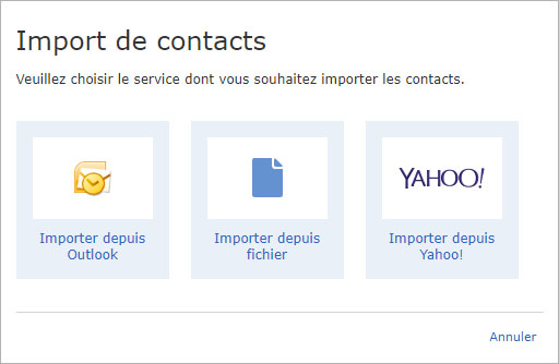 Choix du service d'importation des contacts