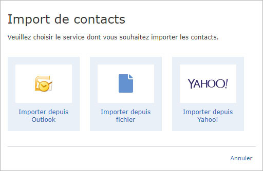 Choix du service d'importation des contacts