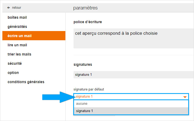 Choix de la signature dans les paramètres de mail Orange