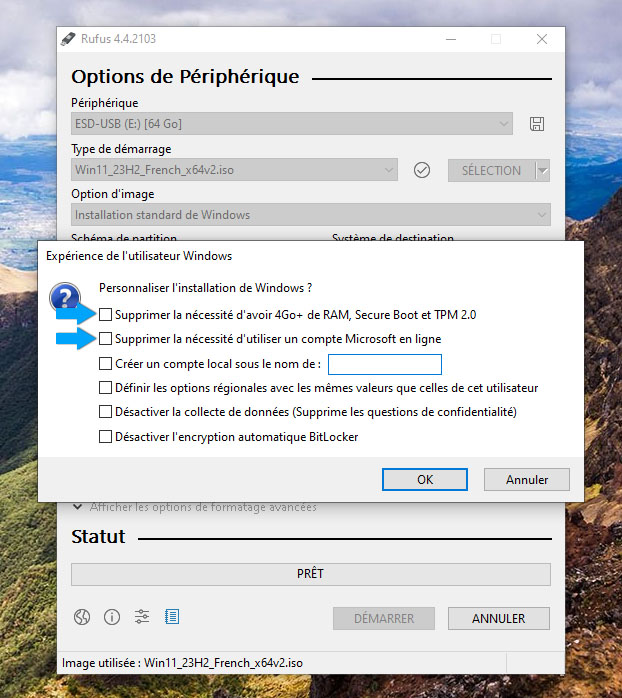 Présentation de la page d'option des restrictions de Windows 11 sur le logiciel Rufus