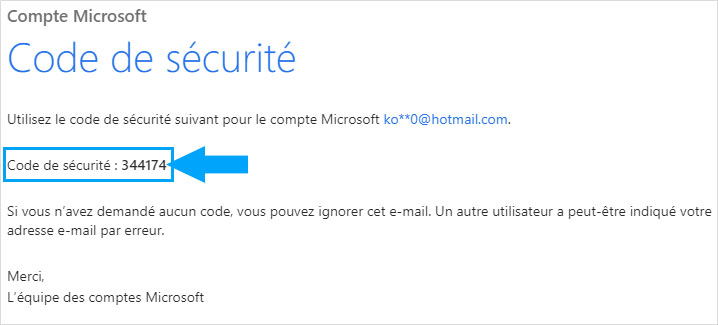 Code de sécurité envoyé par mail de Microsoft