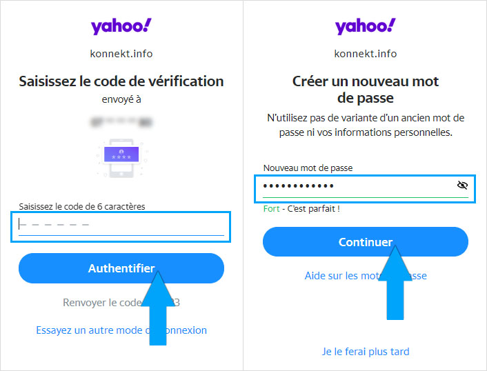 Code de vérification et création d'un nouveau mot de passe chez Yahoo Mail