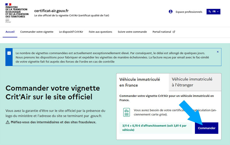 Début de la procédure de commande de la vignette Crit’Air