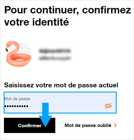 Confirmation de l'identité pour modifier le mot de passe d'une boîte mail Orange