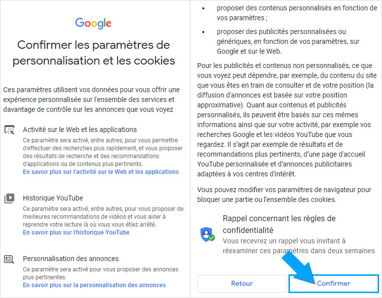 Confirmation des paramètres de personnalisation et des cookies pendant la création d'un compte Gmail