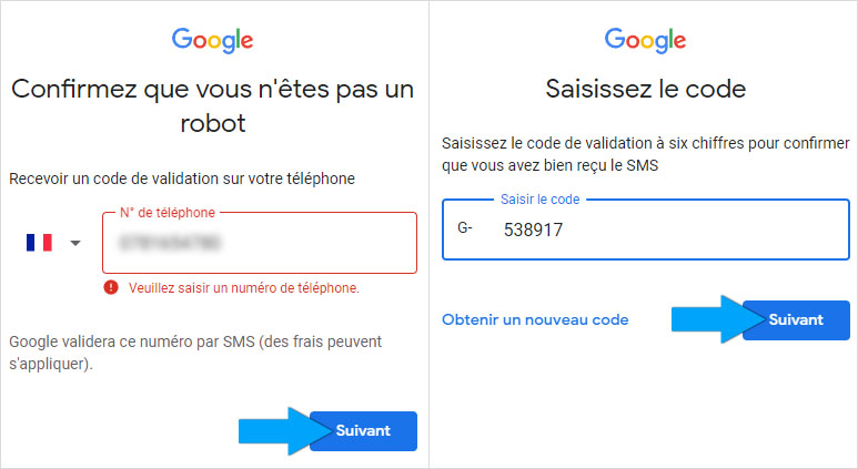 Confirmation anti-robot par code SMS lors de l'inscription à Gmail