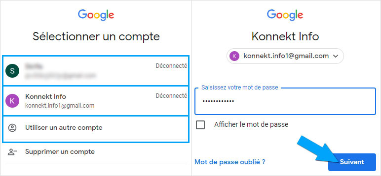 Sélection du compte Gmail à connecter et saisie de mot de passe