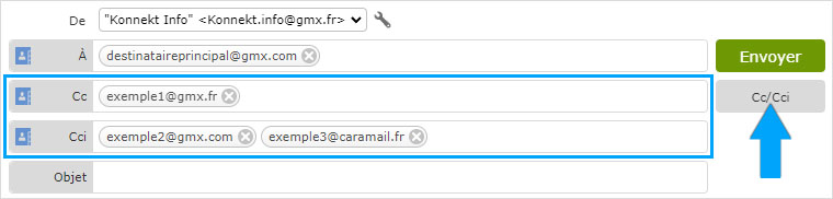 Ajouter des destinataires en copie carbone et copie carbone invisible (Cc/Cci) dans un mail GMX