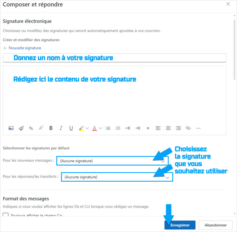 Création de la signature dans les paramètres de la boîte mail Outlook