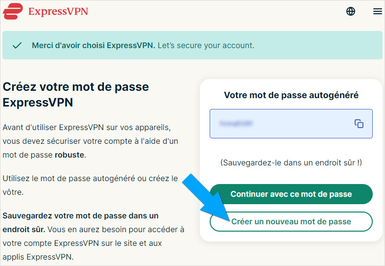 Création d'un mot de passe après validation du paiement de l'abonnement à ExpressVPN