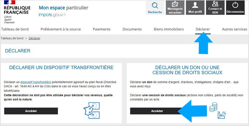 Déclarer un don sur le site impots.gouv.fr