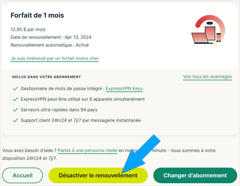 Annuler le renouvellement automatique de l'abonnement à ExpressVPN