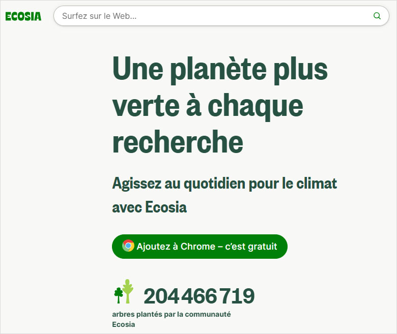 Page d'accueil du moteur de recherche éco-responsable Ecosia