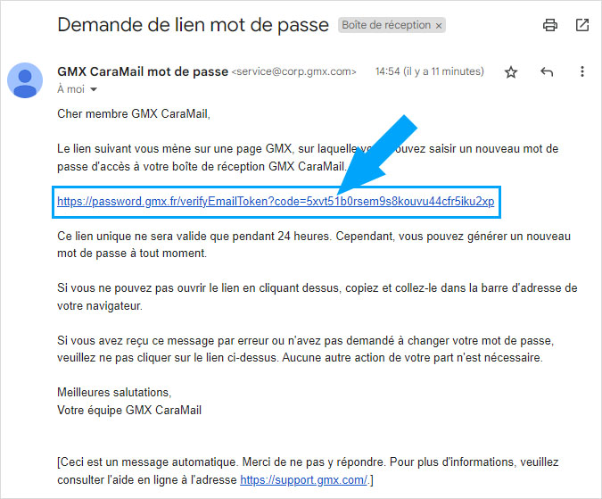 E-mail automatique de GMX CaraMail contenant le lien pour réinitialiser le mot de passe