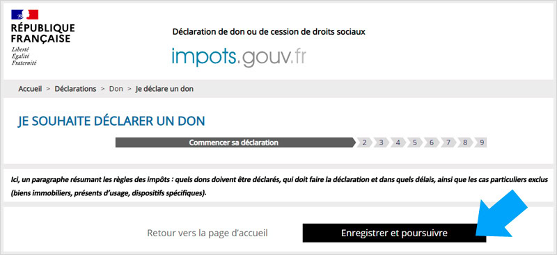 Étape 1 : Bouton enregistrer et poursuivre le don.