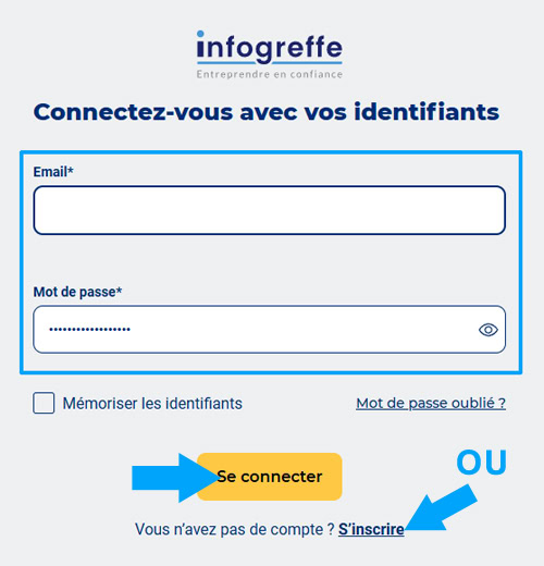 Fenêtre de connexion Infogreffe pour vous connecter ou créer un compte