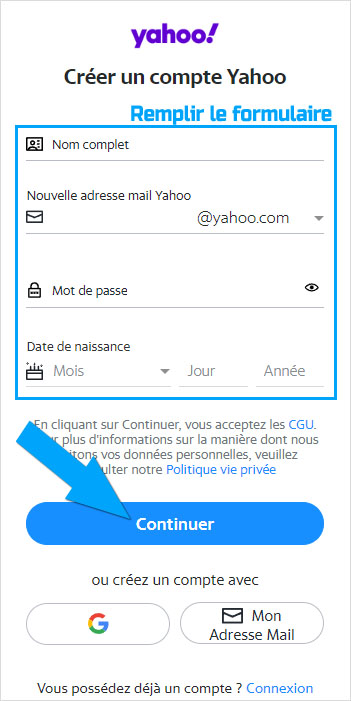 Formulaire de création d'adresse mail Yahoo