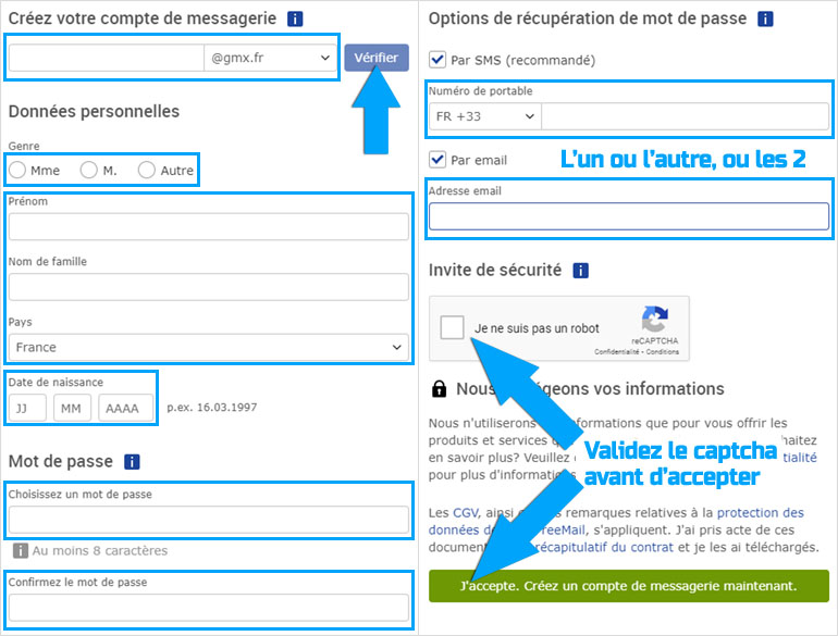 Formulaire de création de compte chez GMX