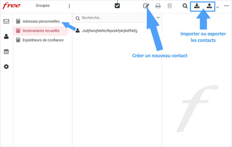 Voici le carnet de contacts de la boite mail Free