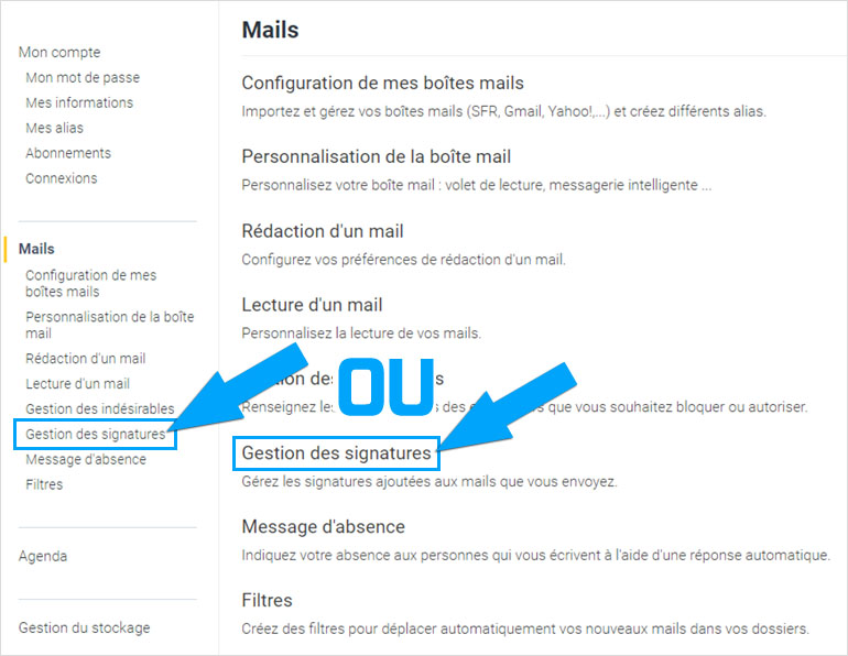 Accès à la gestion de le signature chez Laposte mail