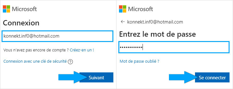 Entrer l'adresse e-mail et le mot de passe pour se connecter au compte Outlook