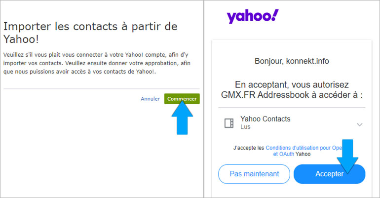 Autorisation à GMX d'accéder aux contacts Yahoo pour importation