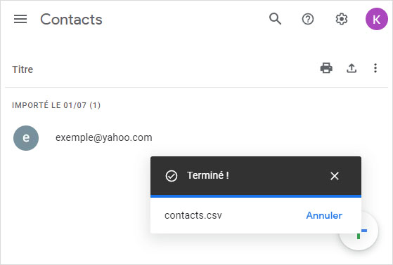 Importation des contacts sur Google réussie