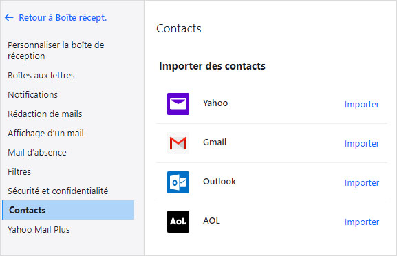 Importation de contacts depuis un autre compte sur Yahoo Mail