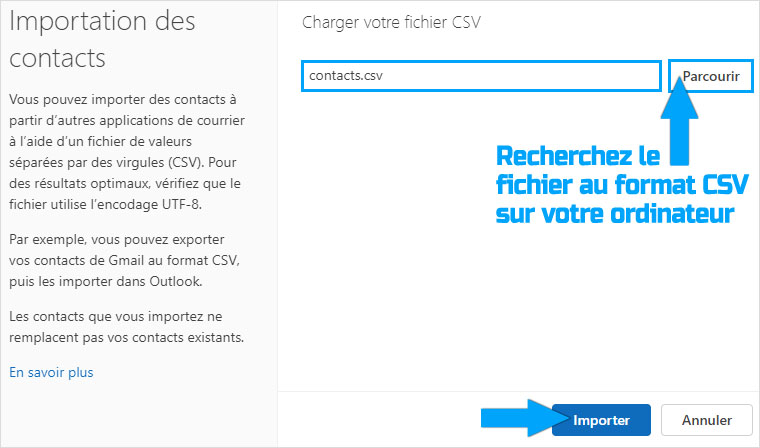 Importation du fichier au format CSV sur Outlook