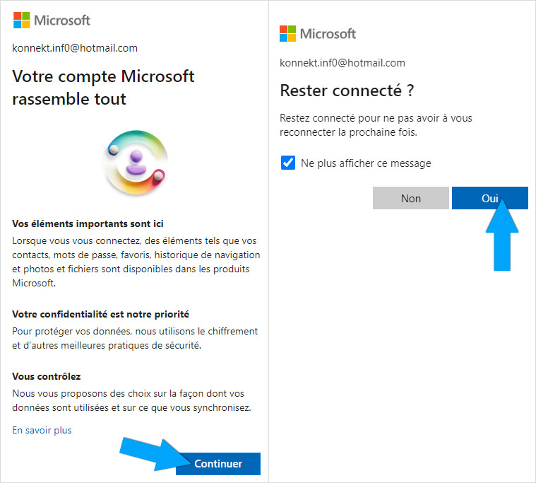 Informations sur le compte Microsoft, et rester connecté