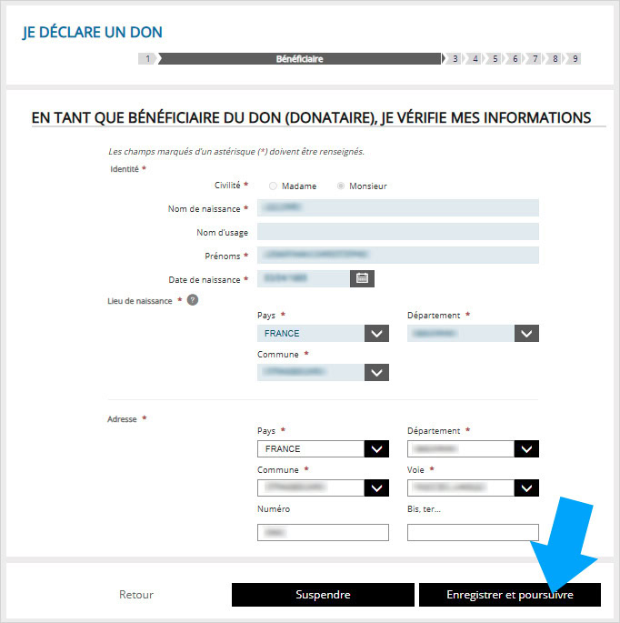 Informations du bénéficiaire du don sur le site impots.gouv.fr