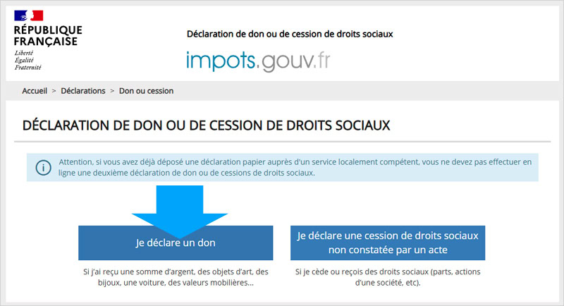 Cliquer sur le bouton "Je déclare un don" sur le site impots.gouv.fr