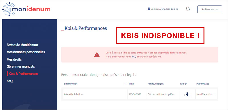 Kbis indisponible pour les entreprises de certaines régions de France via le site Monidenum