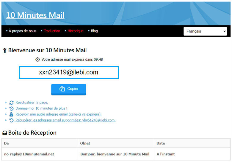 Mail temporaire 10minutesmail
