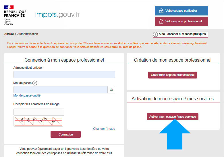 Menu d'activation d'espace et de services pour les impôts des professionnels
