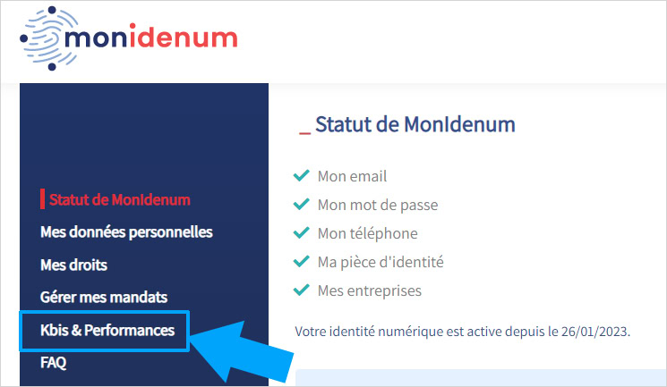 Aller dans le menu Kbis et performances sur Monidenum